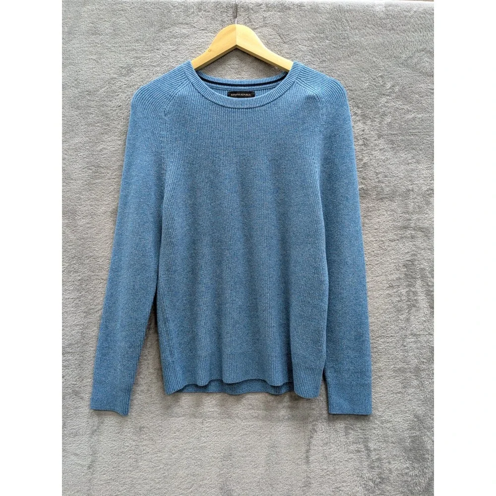 Classic Ribbed Crewneck Sweater Mens Medium Blue Supima Cotton Banana Republic